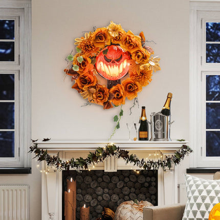Couronne d'Halloween, motif citrouille, feuilles d'automne, effets LED