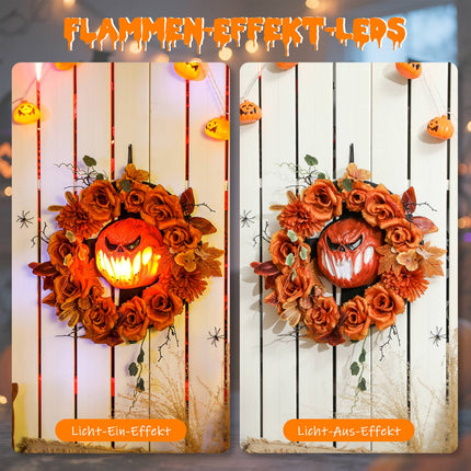 Couronne d'Halloween, motif citrouille, feuilles d'automne, effets LED