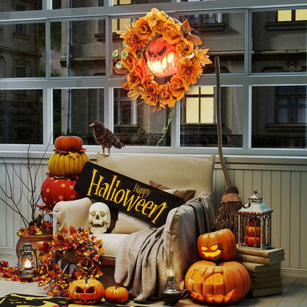 Couronne d'Halloween, motif citrouille, feuilles d'automne, effets LED