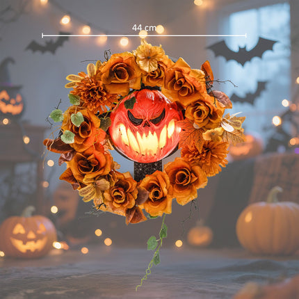 Couronne d'Halloween, motif citrouille, feuilles d'automne, effets LED
