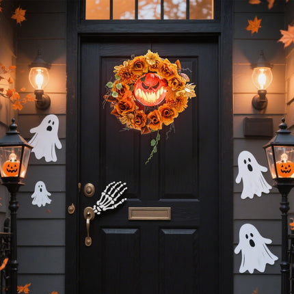 Couronne d'Halloween, motif citrouille, feuilles d'automne, effets LED
