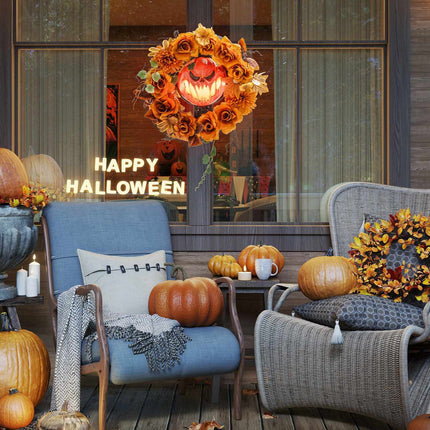 Couronne d'Halloween, motif citrouille, feuilles d'automne, effets LED