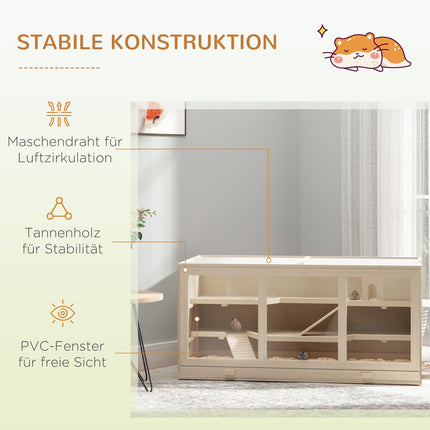 Hamsterkäfig mit Treppen, Naturholz, 3-stöckig, 115x57x55cm