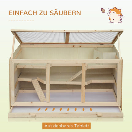 Hamsterkäfig mit Treppen, Naturholz, 3-stöckig, 115x57x55cm