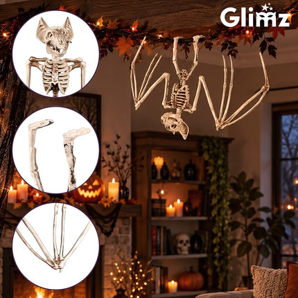 Hanging Bat Skeleton Halloween Decoration 30 cm, Movable Head, Beige