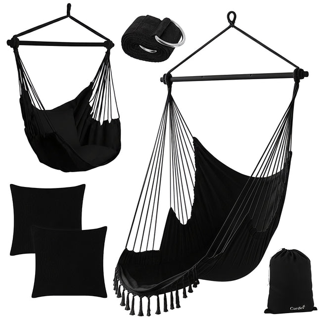 Balancelle suspendue, 210 cm, noir, tissu en coton, 2 coussins