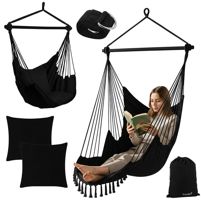 Balancelle suspendue, 210 cm, noir, tissu en coton, 2 coussins