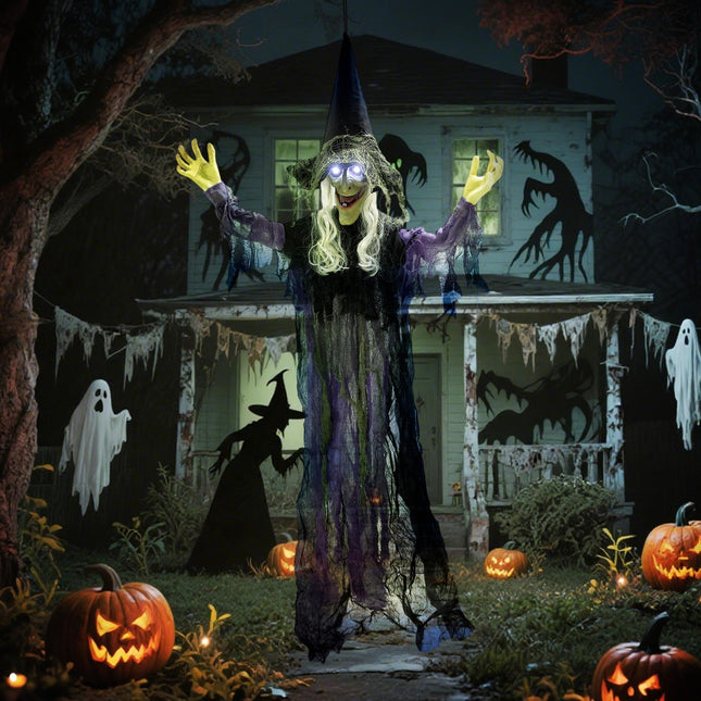 Sorcière d'Halloween suspendue avec lumières LED et son, 183 cm