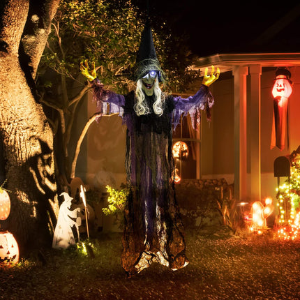 Sorcière d'Halloween suspendue avec lumières LED et son, 183 cm