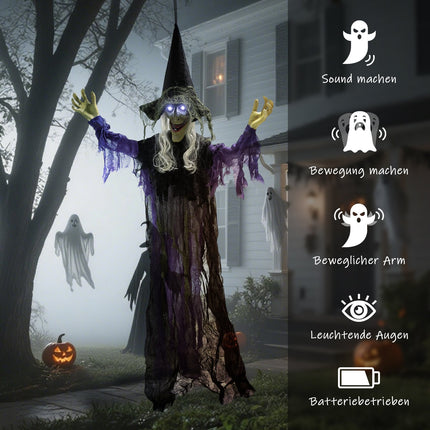 Sorcière d'Halloween suspendue avec lumières LED et son, 183 cm