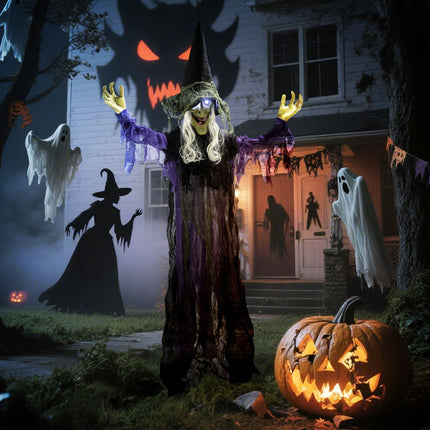 Sorcière d'Halloween suspendue avec lumières LED et son, 183 cm