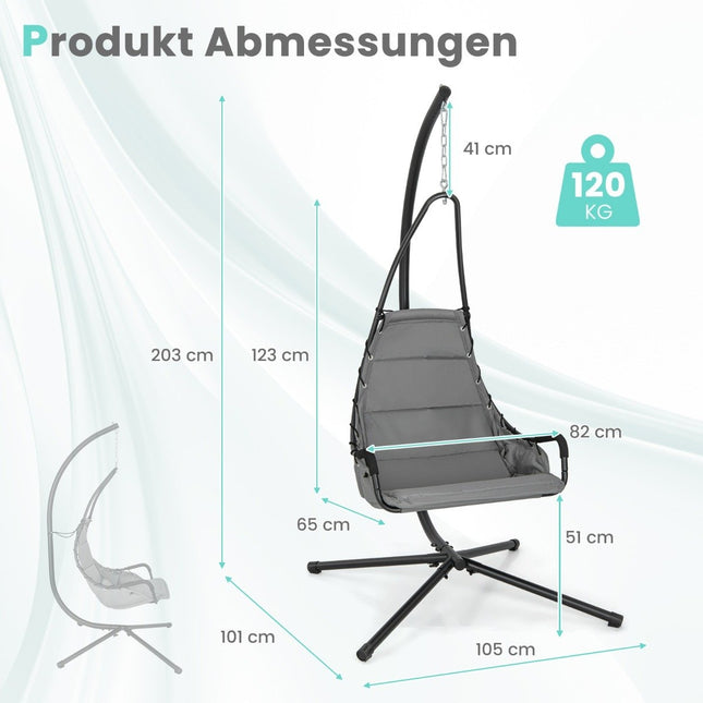 Chaise suspendue avec cadre &amp; Siège et coussin rembourrés extra larges. Hamac robuste avec structure en métal gris