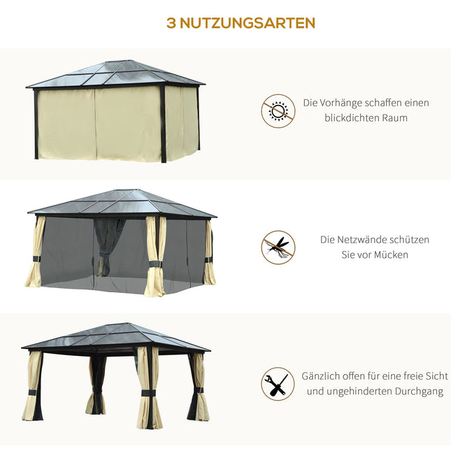 Pavillon de jardin rigide 4,2 x 3,6 m, rideaux avec moustiquaire