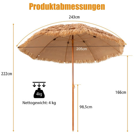 Parasol Tiki hawaïen, 205 cm, toile de paille, protection UV