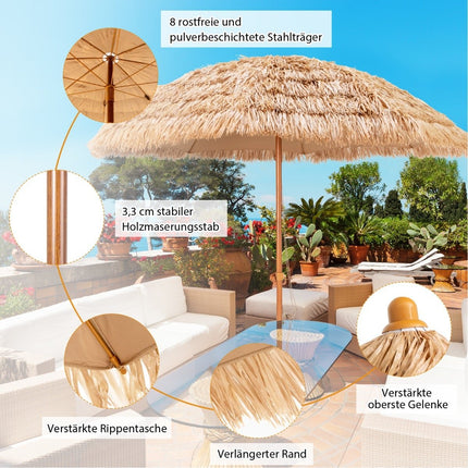 Parasol Tiki hawaïen, 205 cm, toile de paille, protection UV