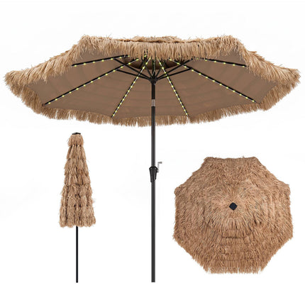 Parasol hawaïen en paille, 290 cm, inclinable avec éclairage LED solaire
