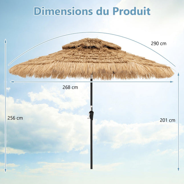 Parasol de terrasse style hawaïen, 270 cm, éclairage solaire LED