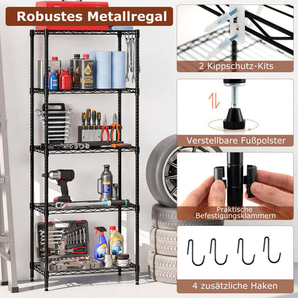 Étagère de rangement robuste en métal réglable, 5 niveaux, noire