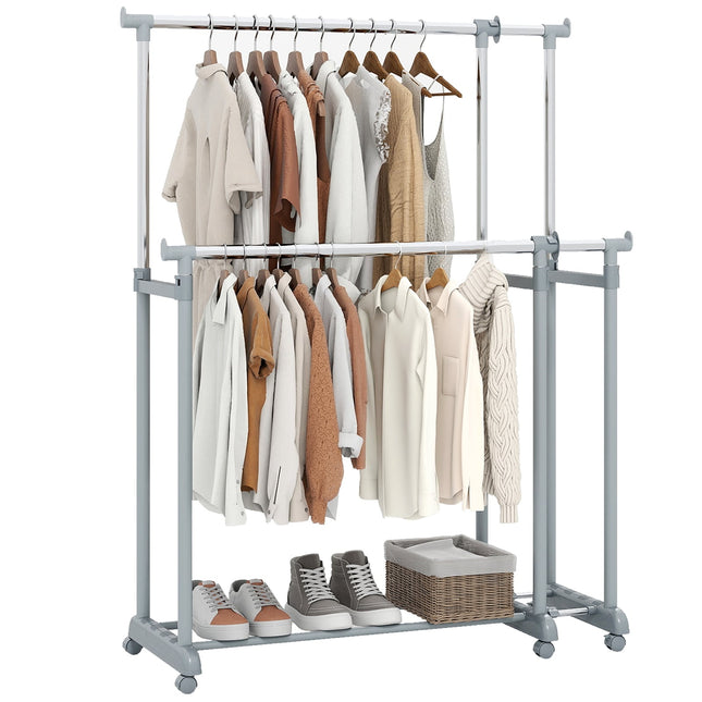 Portant à vêtements double barre robuste, hauteur et largeur réglables