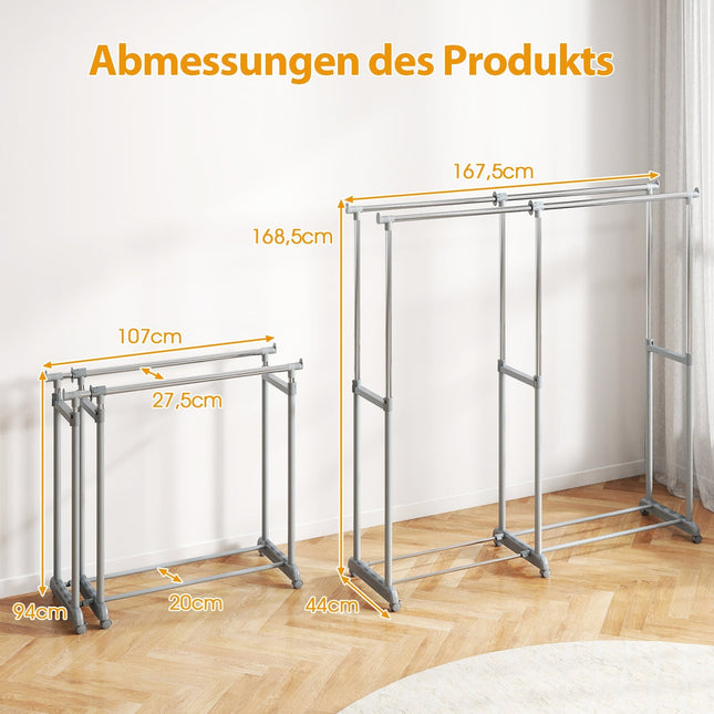 Portant à vêtements double barre robuste, hauteur et largeur réglables