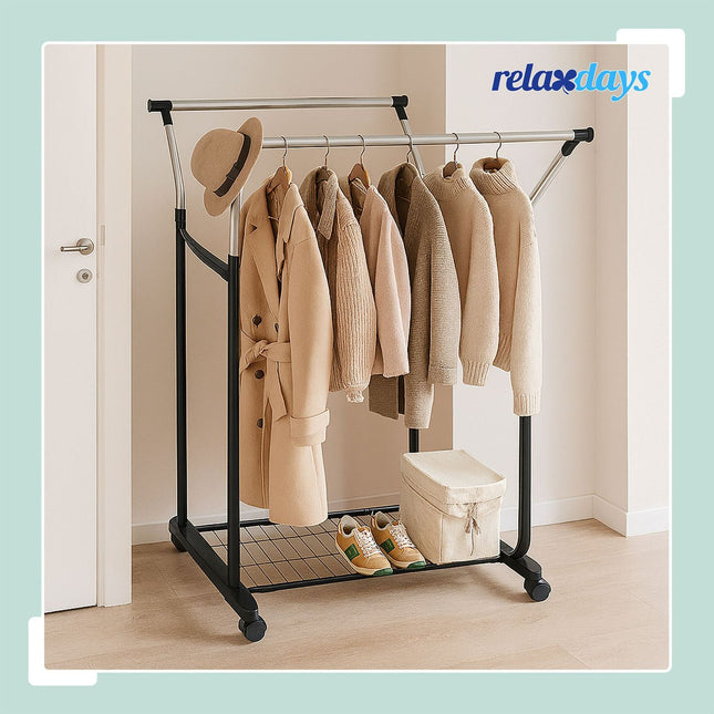 Portant à vêtements réglable en hauteur avec 2 barres et roulettes
