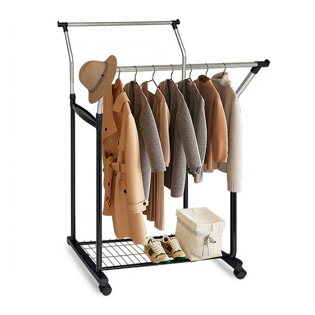 Portant à vêtements réglable en hauteur avec 2 barres et roulettes