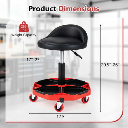 Höhenverstellbarer Garagenhocker mit Sitzfläche aus PU-Leder, Schwarz/Rot
