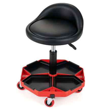 Höhenverstellbarer Garagenhocker mit Sitzfläche aus PU-Leder, Schwarz/Rot