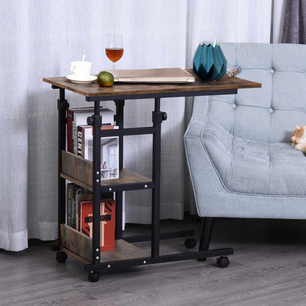 Height-Adjustable Side Table with Wheels and 2 Shelves, 80x40x72-82 cm, Brown