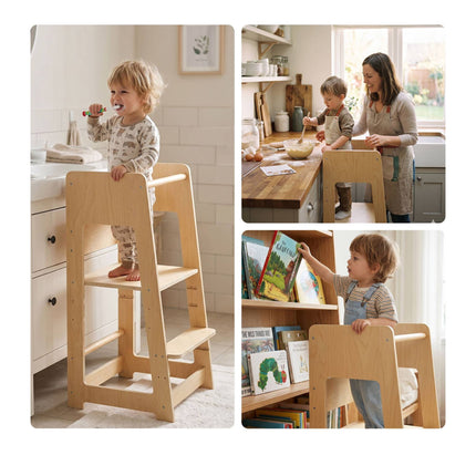 Höhenverstellbarer Lernturm für Kleinkinder, Naturholz
