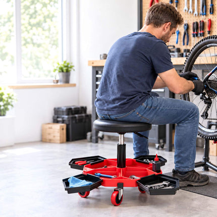 Height-Adjustable Workshop Stool with 4 Tool Compartments, Black/Red, 136 kg