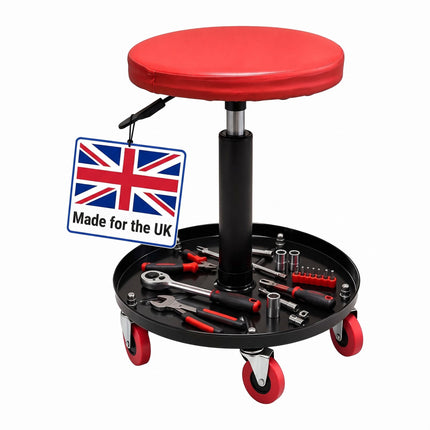 Height-Adjustable Workshop Stool with Tool Tray, 42–56 cm, Max 120 kg, Red