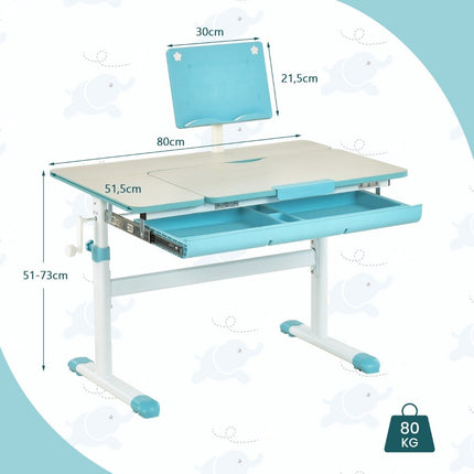 Ensemble bureau enfant réglable en hauteur avec plateau inclinable et support de livre (table bleue)