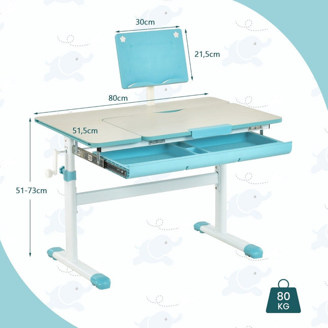 Ensemble bureau enfant réglable en hauteur avec plateau inclinable et support de livre (table bleue)