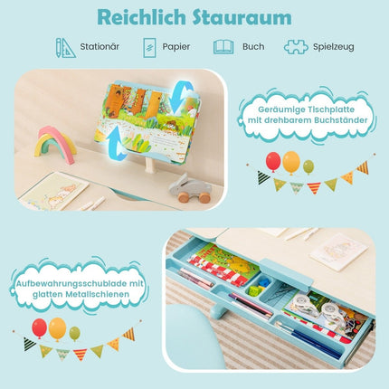 Ensemble bureau enfant réglable en hauteur avec plateau inclinable et support de livre (table bleue)