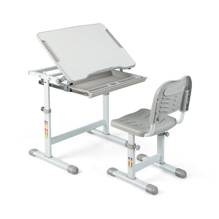 Ensemble bureau enfant réglable en hauteur avec plateau inclinable et tiroir avec chaise grise