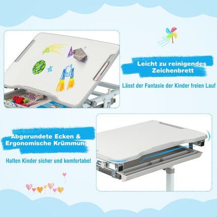 Ensemble bureau enfant réglable en hauteur avec plateau inclinable et tiroir avec chaise grise