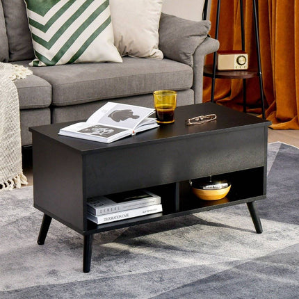 Table basse réglable en hauteur avec plateau relevable et 2 étagères ouvertes, table basse noire