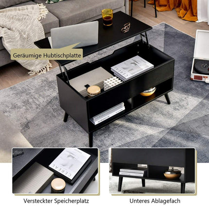 Table basse réglable en hauteur avec plateau relevable et 2 étagères ouvertes, table basse noire