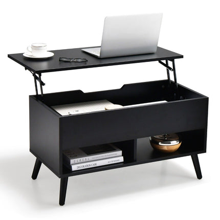 Table basse réglable en hauteur avec plateau relevable et 2 étagères ouvertes, table basse noire