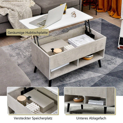 Höhenverstellbarer Couchtisch mit hochhebbarer Tischplatte &amp; 2 offenen Ablageflächen, grauer Couchtisch