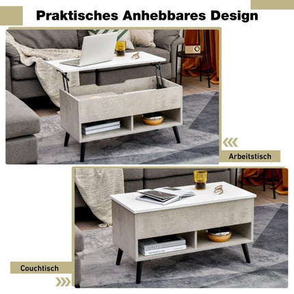 Höhenverstellbarer Couchtisch mit hochhebbarer Tischplatte &amp; 2 offenen Ablageflächen, grauer Couchtisch