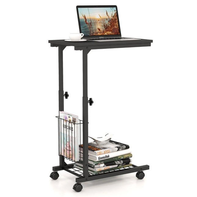 Höhenverstellbarer Laptoptisch mit Ablagekorb &amp; Rollen C-Form Sofatisch schwarz