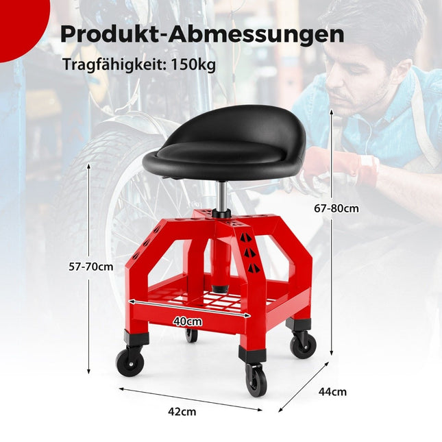 Höhenverstellbarer Werkstatthocker 150 kg belastbar mit Werkzeugablage Werkstattstuhl rot