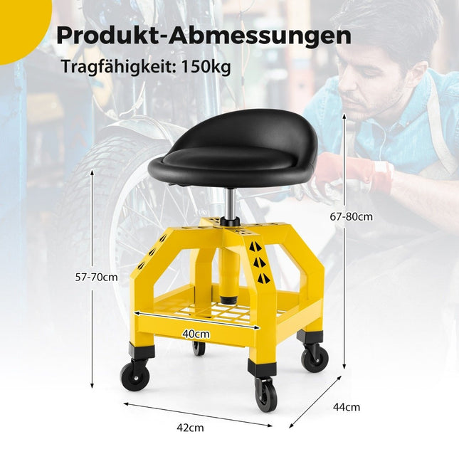 Höhenverstellbarer Werkstatthocker 150 kg belastbar mit Werkzeugablage Werkstattstuhl gelb
