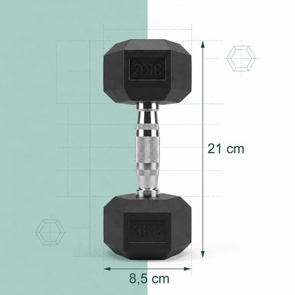 Hex Dumbbells 3 kg Pair, Rubber-Coated Cast Iron, Non-Slip Handles