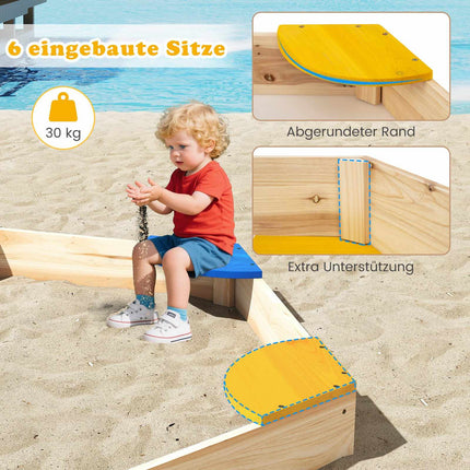 Sechseckiger Sandkasten aus Holz mit Pflanzgefäß, 140 x 122 x 14 cm