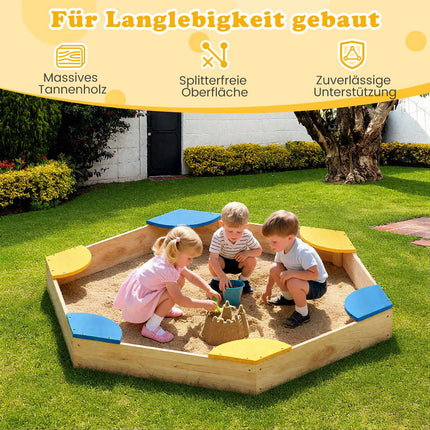 Sechseckiger Sandkasten aus Holz mit Pflanzgefäß, 140 x 122 x 14 cm