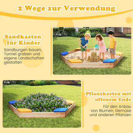 Sechseckiger Sandkasten aus Holz mit Pflanzgefäß, 140 x 122 x 14 cm