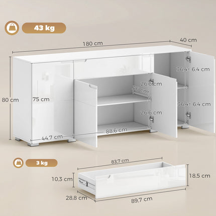 Hochglanz-Sideboard in Weiß, 4 Türen, verstellbare Einlegeböden